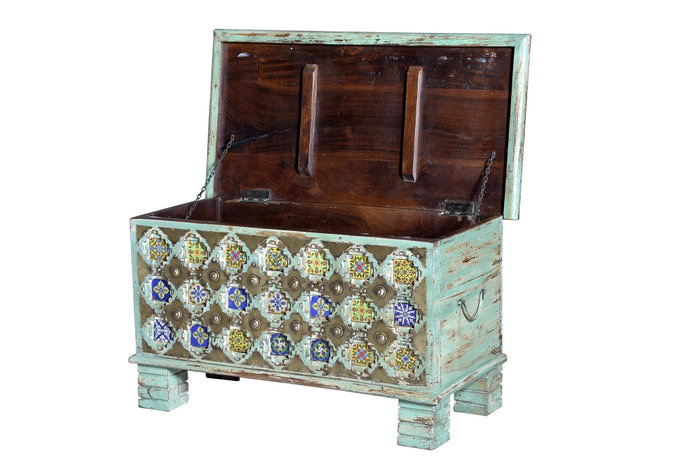 Giner y Colomer Baúl de Madera de Mango con Detalles Verdes y Multicolor